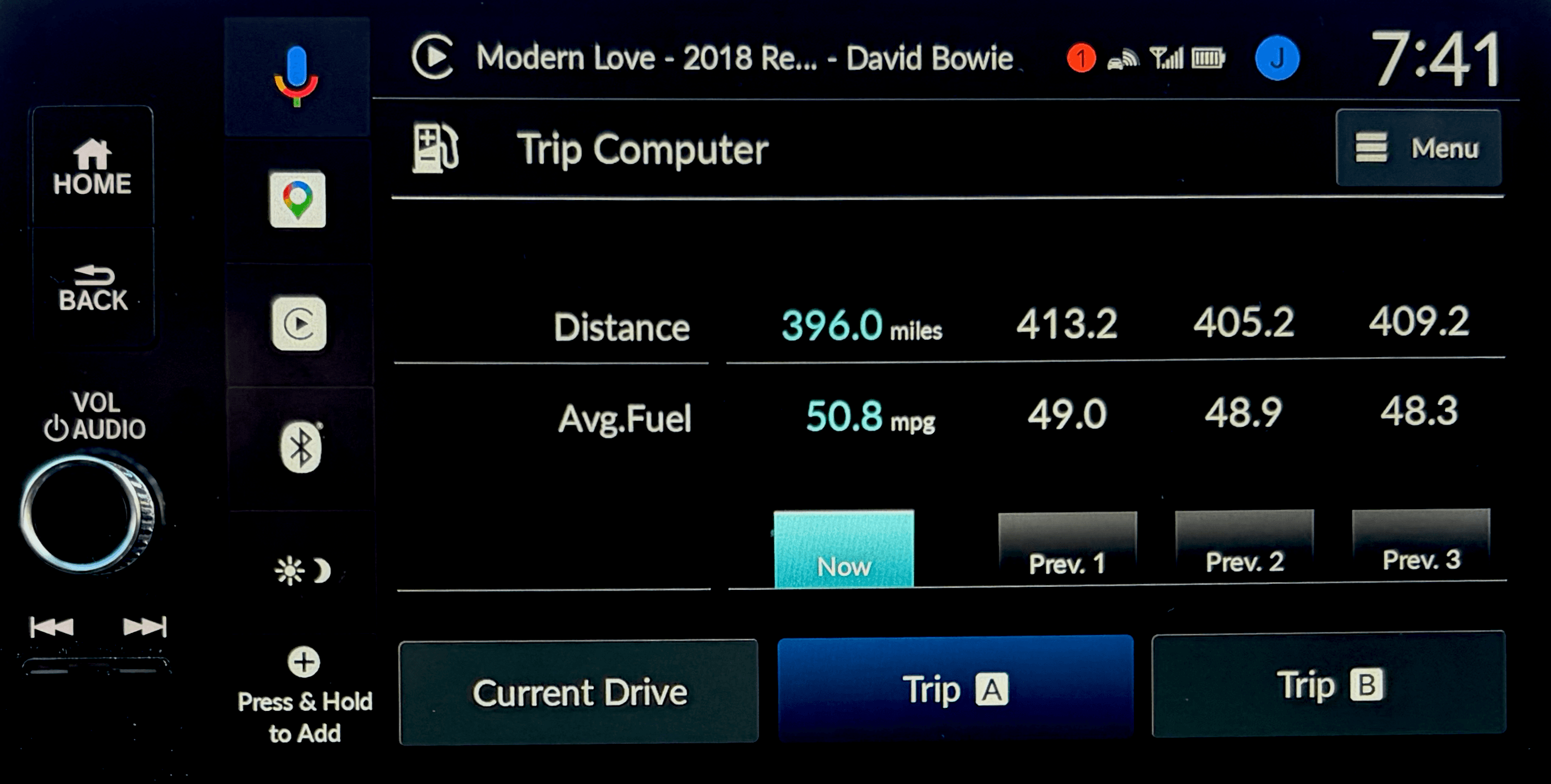 Calculated efficiencies were 45.3, 45.8, and 44.3 MPG, lower than the trip computer by 8%. Trip computer display showing 50.8 MPG over 396.0 miles on Trip A